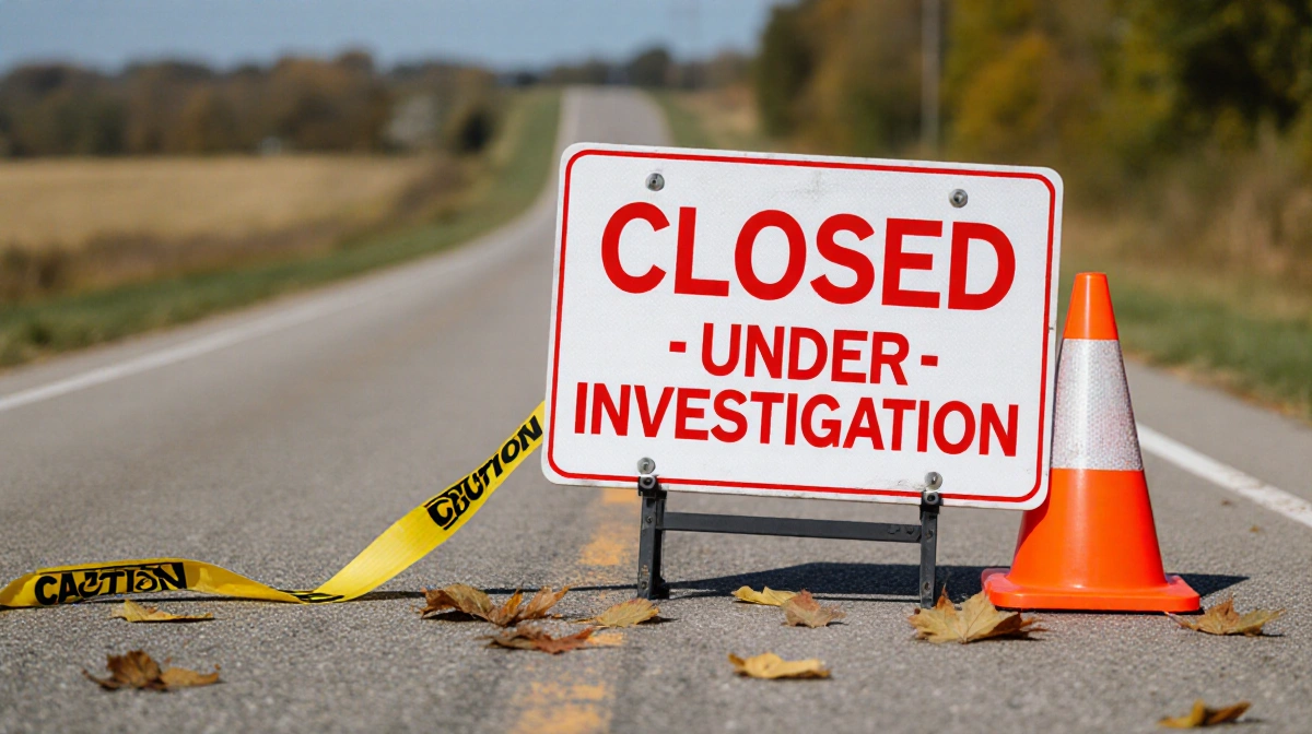 Closed road sign reading investigation notice with yellow caution tape and traffic cones scattered on rural road