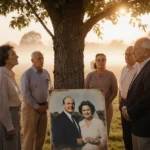 Former athletes gathering around a memorial tree with faded coach photo showing grief and respect