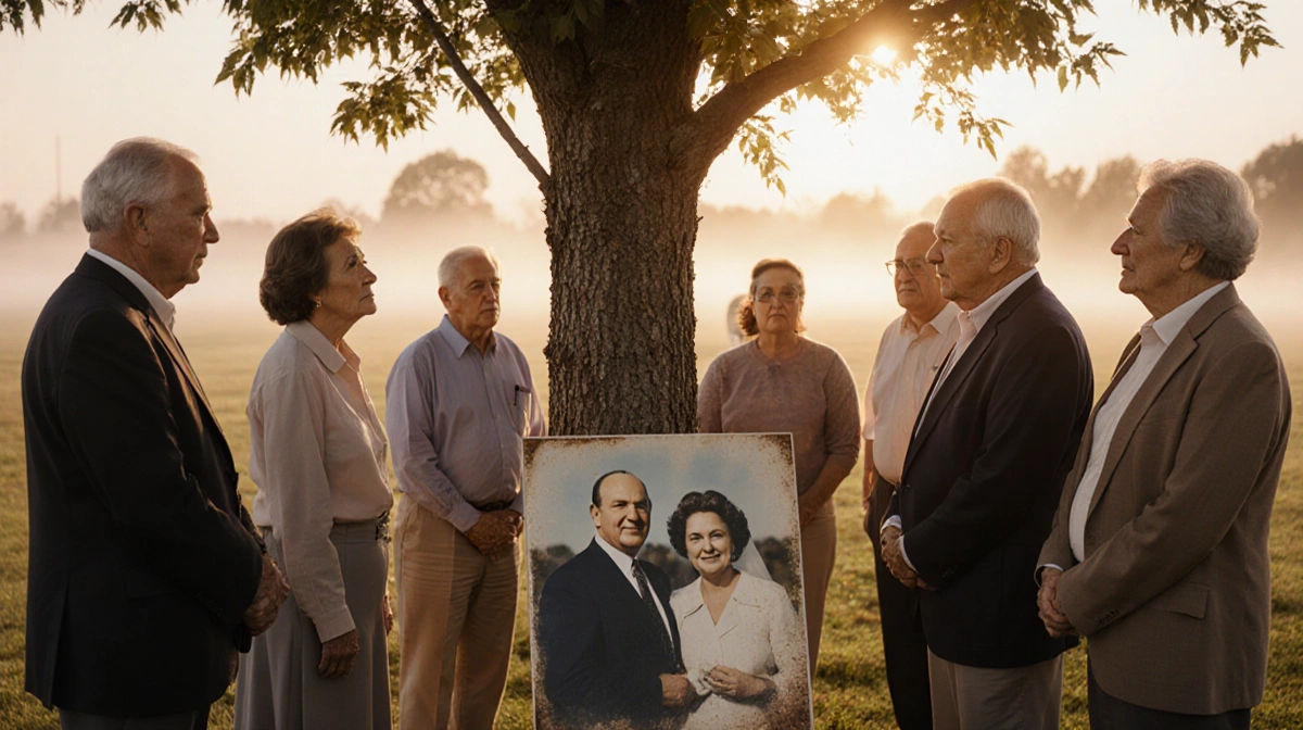 Former athletes gathering around a memorial tree with faded coach photo showing grief and respect