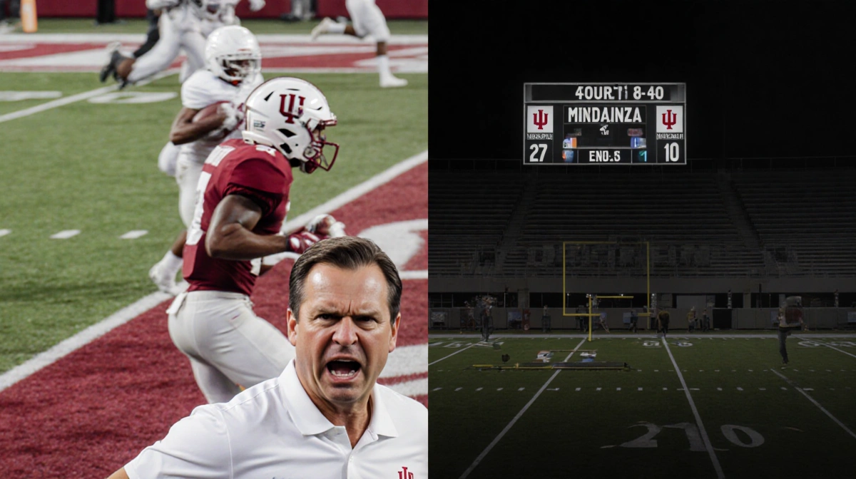 Coach Curt Cignetti calling an audible with scoreboard 27-21 and split-screen of 12-yard line and end zone