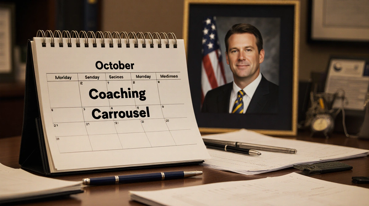 Coach reviewing October calendar with Coaching Carousel marked on cluttered desk and Harbaugh's faded photo behind