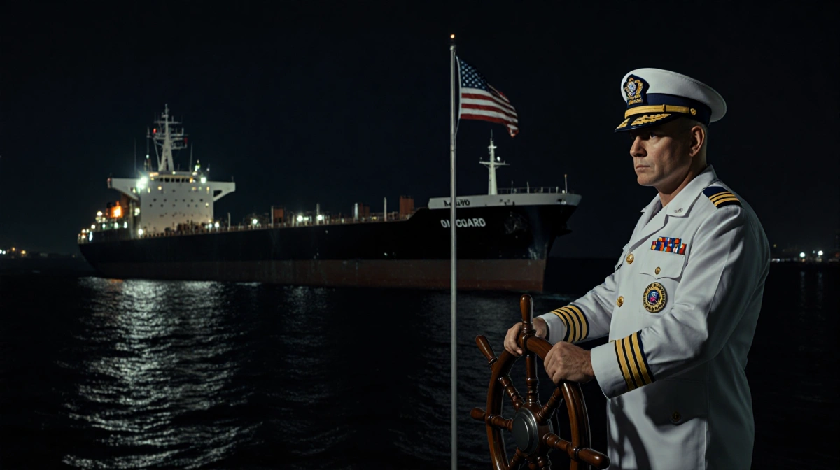 Coast Guard officer stands at ship