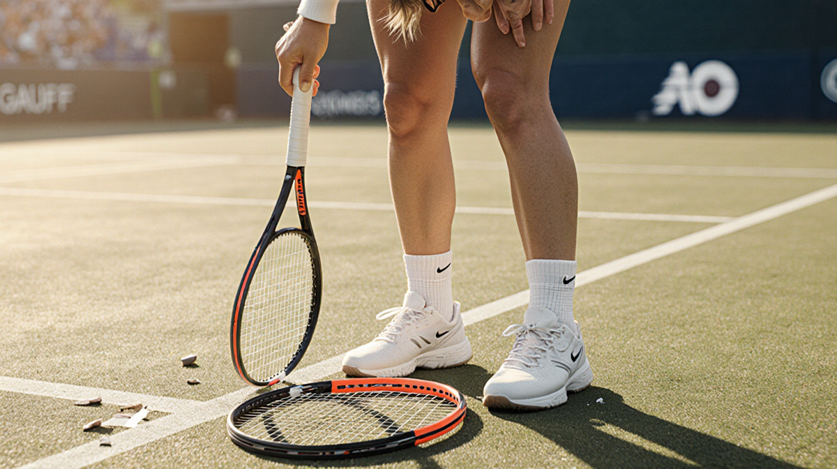 Coco Gauff stands with shattered racquet at her feet and golden light across grassy tennis court after loss.