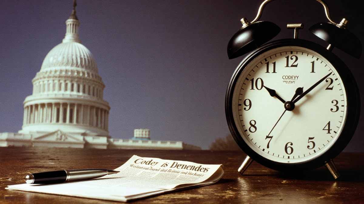 Worn wooden desk holds pen on notepad with 2002 newspaper showing New Jersey capitol blurred behind