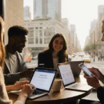 Young professionals type on phones with dating app screens open in a coffee shop overlooking a cityscape