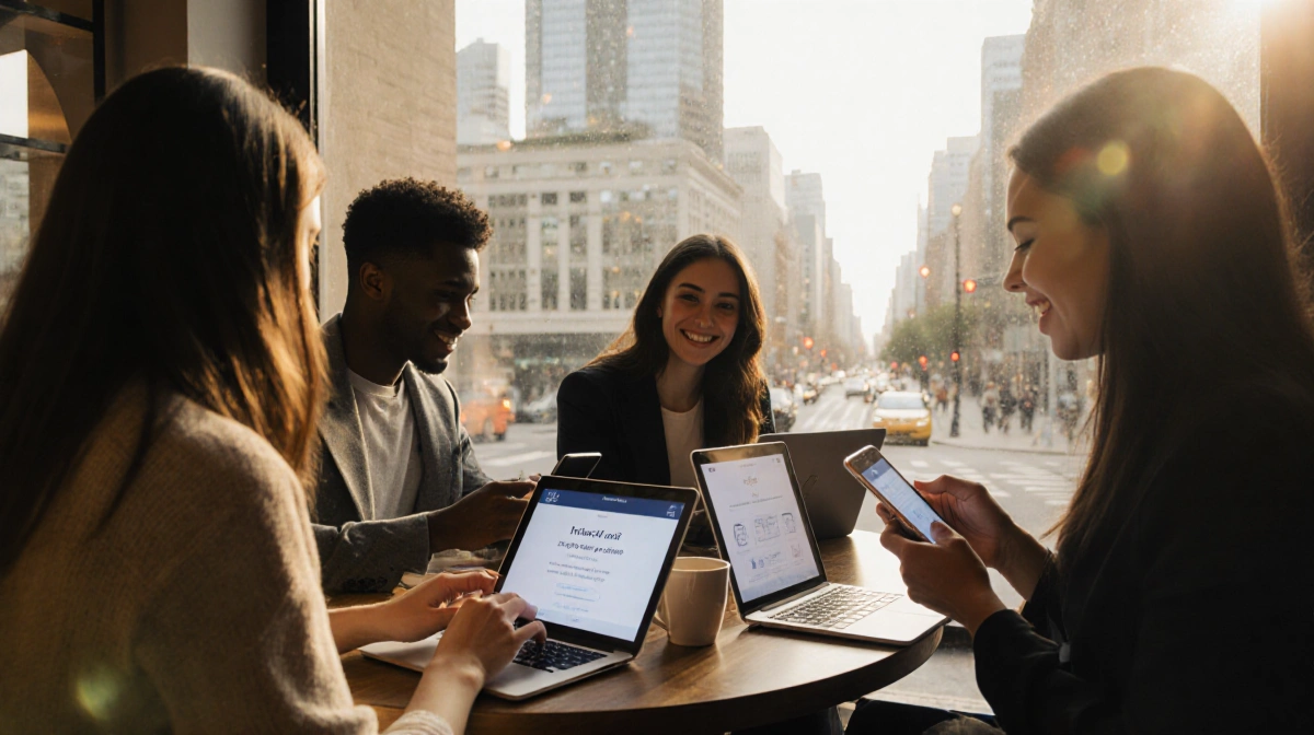 Young professionals type on phones with dating app screens open in a coffee shop overlooking a cityscape
