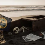 A weathered coffin rests on a Washington beach with a faded Oregon flag nearby and waves lapping the shore