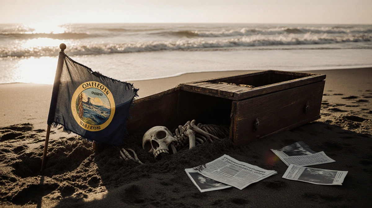 A weathered coffin rests on a Washington beach with a faded Oregon flag nearby and waves lapping the shore