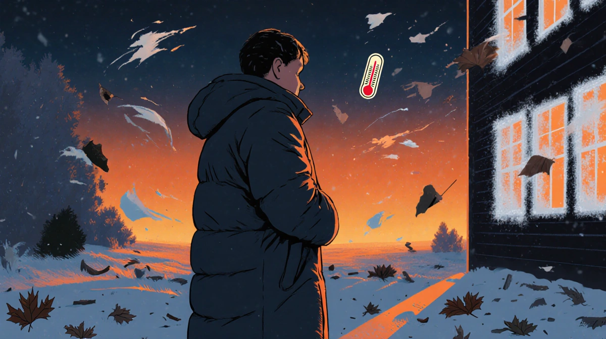Person shivers in heavy coat with blowing leaves and orange sky showing sudden cold weather