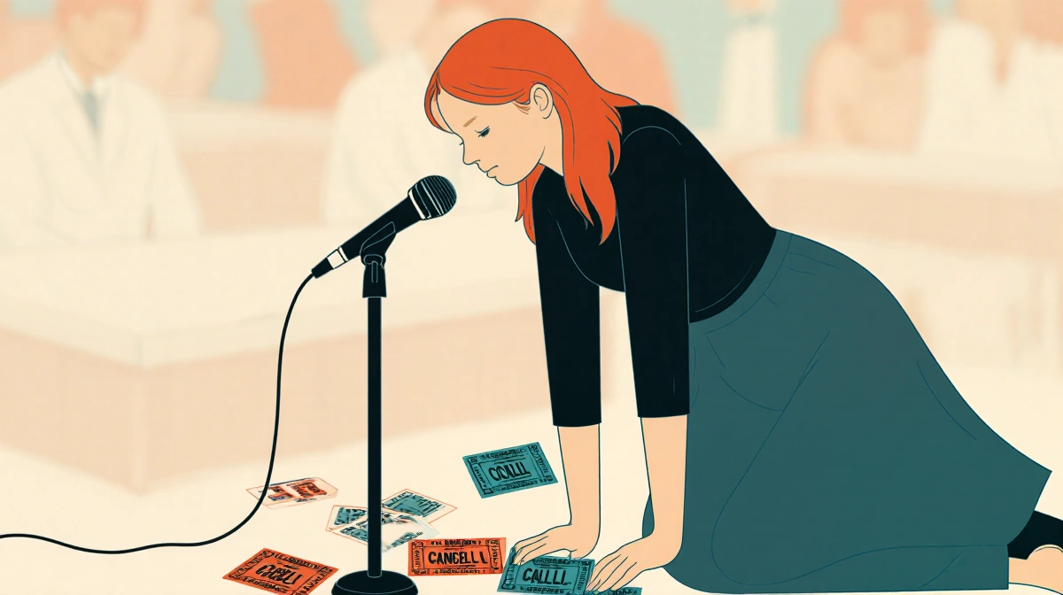 Author holding microphone with head down and cancelled event tickets scattered around showing exhaustion