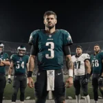 Quarterback Josh Johnson stands confidently on the gridiron with Eagles backup players behind him under stadium lights
