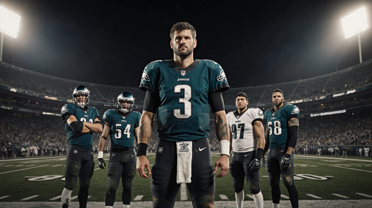 Quarterback Josh Johnson stands confidently on the gridiron with Eagles backup players behind him under stadium lights