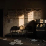 Empty community center with faded mental health signs and broken coffee machine showing budget cuts impact