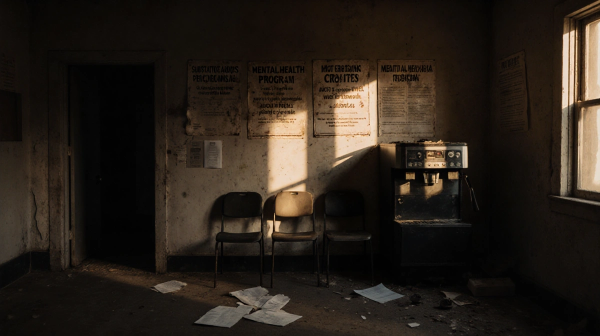 Empty community center with faded mental health signs and broken coffee machine showing budget cuts impact