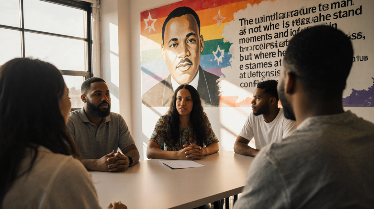 Diverse volunteers gather around table with Martin Luther King Jr mural and natural light streaming through window