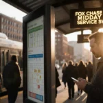 Commuter checking phone with concerned face under a golden glow near a digital schedule display at a sunny bus stop