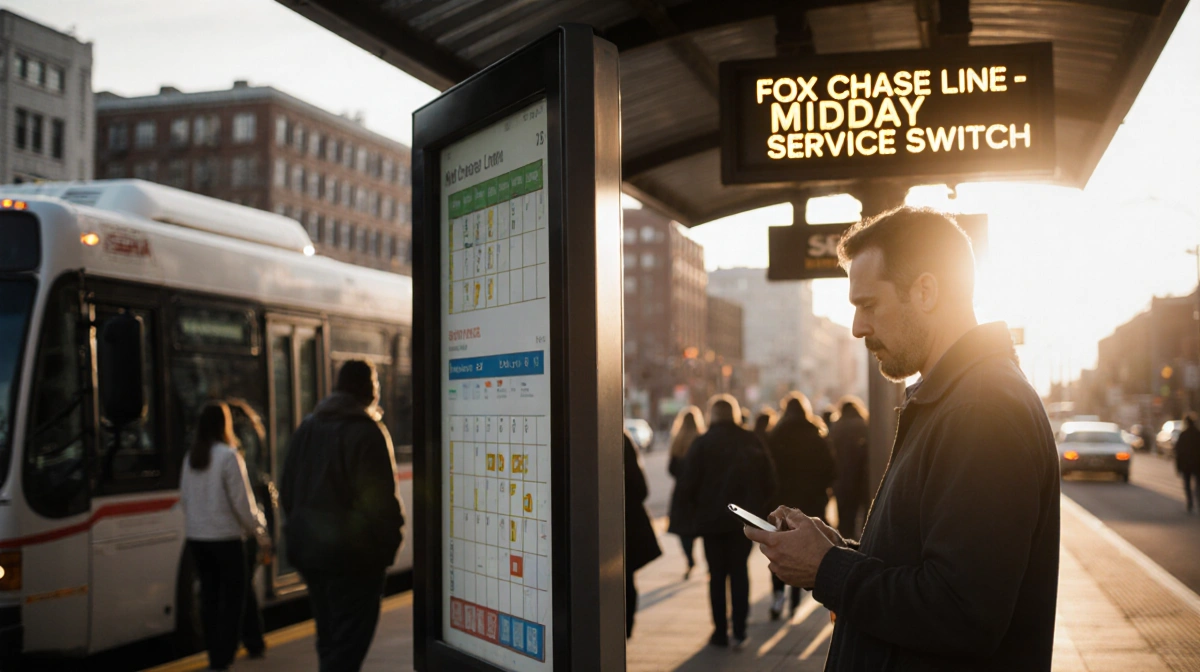 Commuter checking phone with concerned face under a golden glow near a digital schedule display at a sunny bus stop