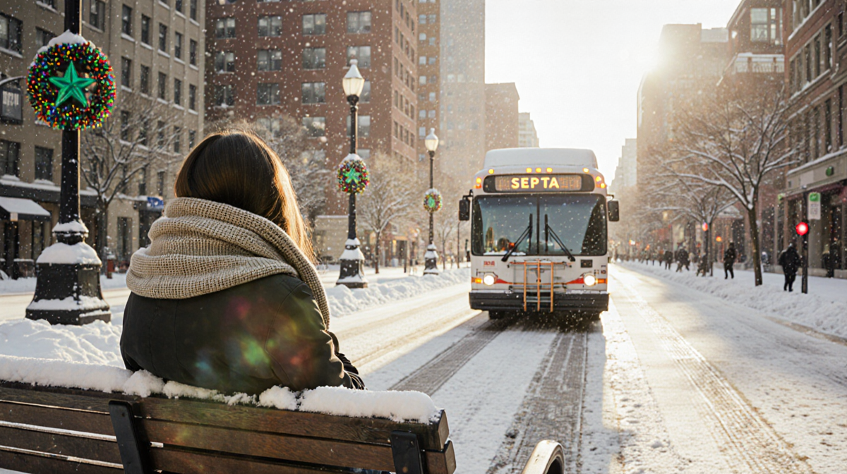 Young commuter sits on snow-covered bench wrapping scarf with warm sun glowing over snow and a SEPTA bus passing by.