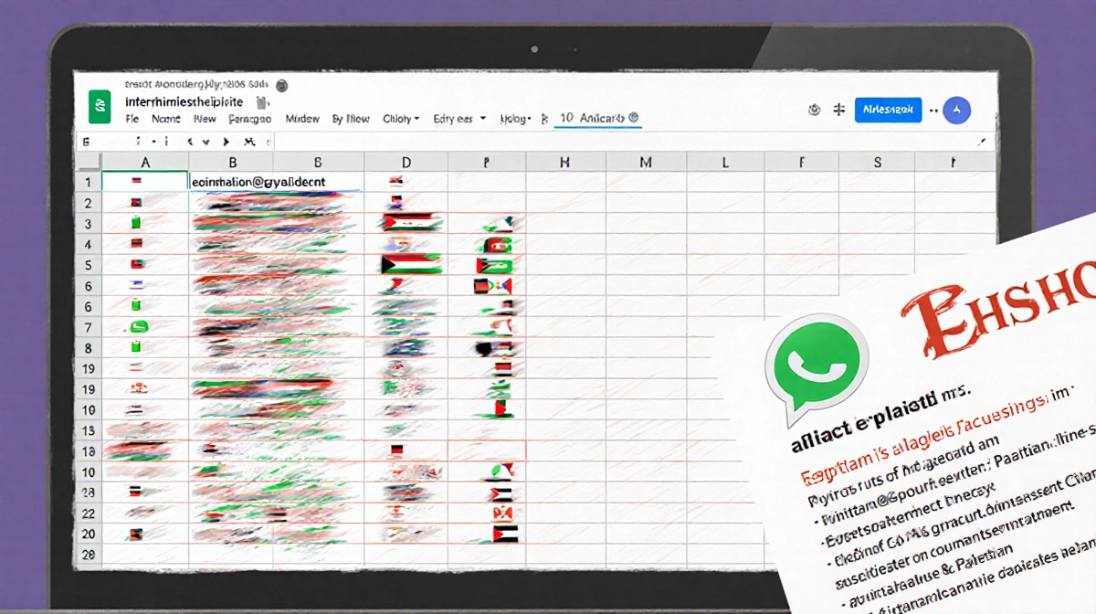 Desktop screen shows hacked Gmail and WhatsApp accounts spreadsheet with Egyptian and Palestinian symbols and phishing email