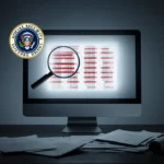 Computer screen shows faint grid with redacted overlay and magnifying glass over scattered papers on gray‑blue background.