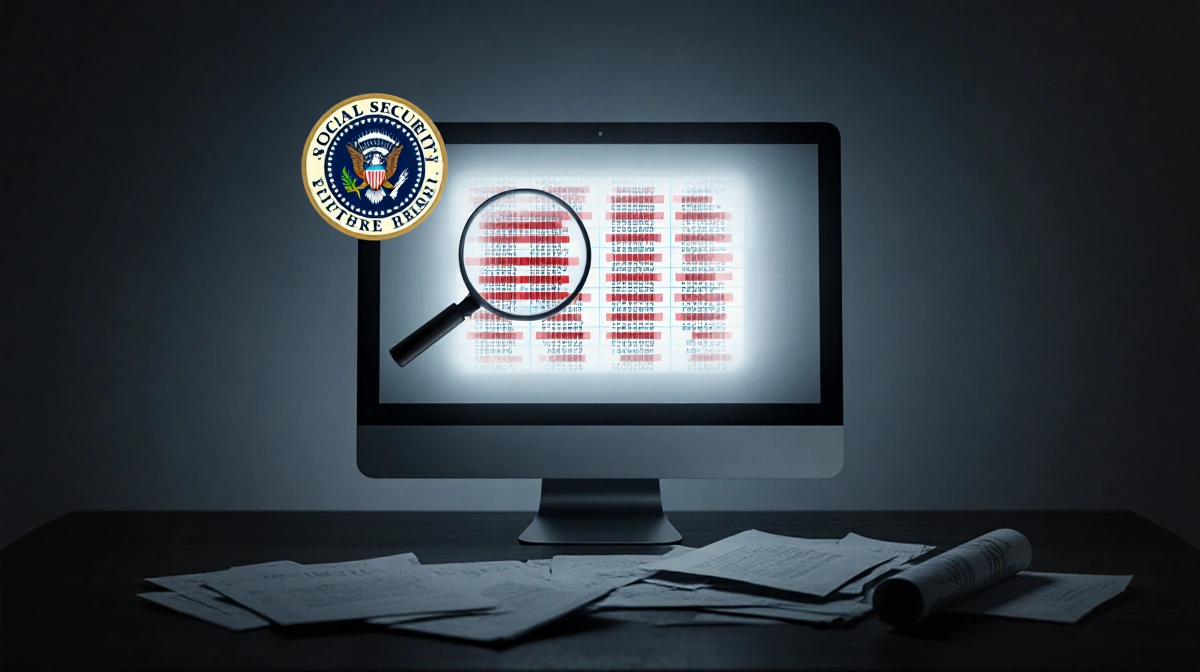 Computer screen shows faint grid with redacted overlay and magnifying glass over scattered papers on gray‑blue background.