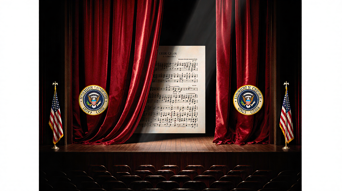 Red velvet curtain partially drawn in concert hall with ghostly score outline and flag and seal hints evoking tension