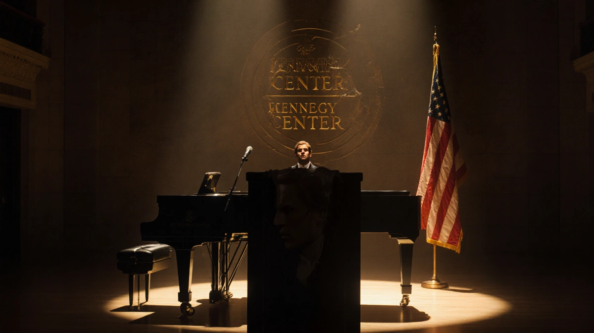Grand piano sits in dimly lit ornate concert hall with a golden stage glow and a tattered flag showing Kennedy Center logo