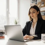 Confident businesswoman working at modern desk with laptop and sales coaching books showing client success motivation