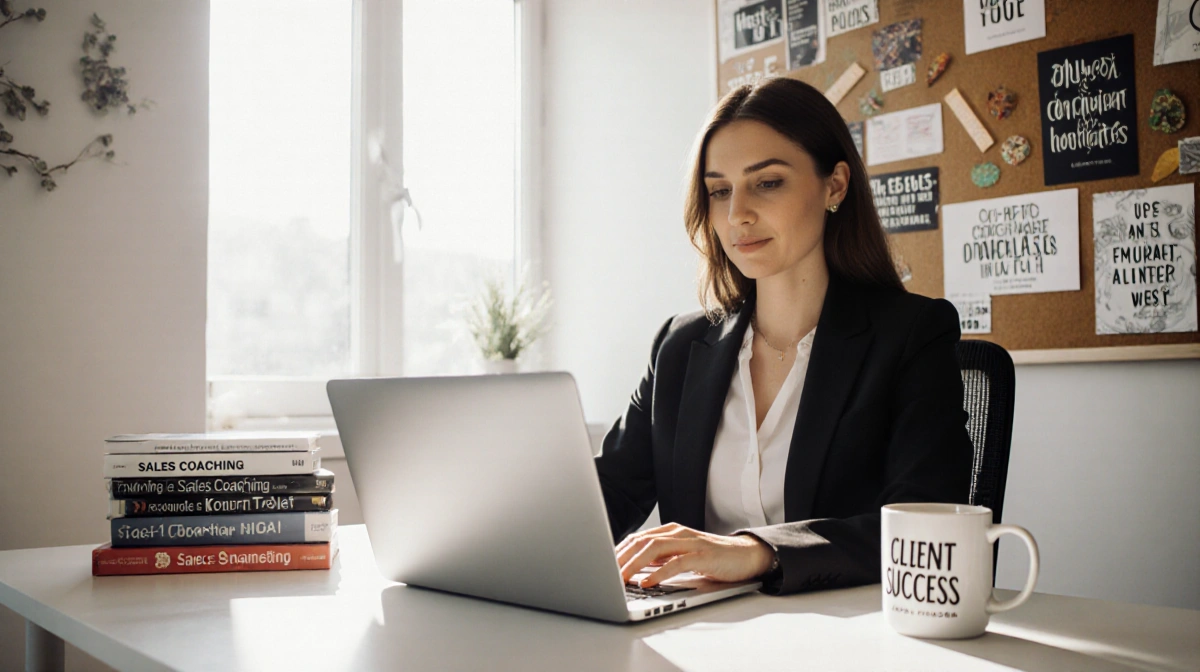 Confident businesswoman working at modern desk with laptop and sales coaching books showing client success motivation
