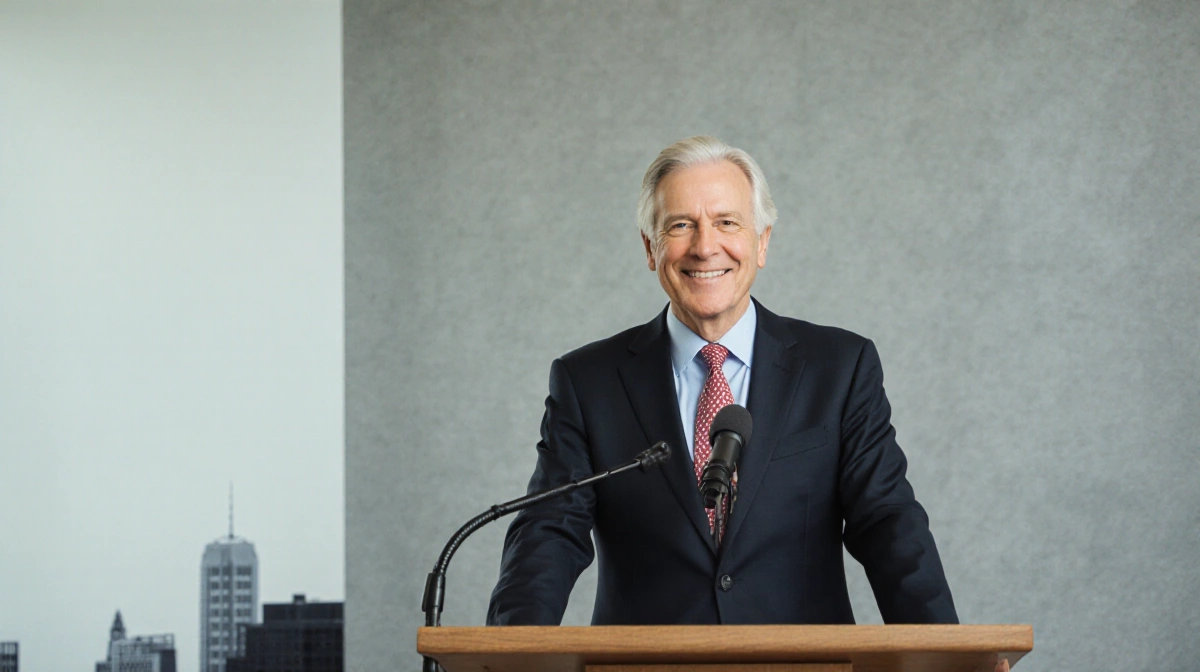 Experienced lawyer speaking confidently at podium with microphone and professional desk showing reassuring smile