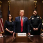 Trump stands before congressional hearing room with marshals holding handcuffed Maduro and wife with flags in background.