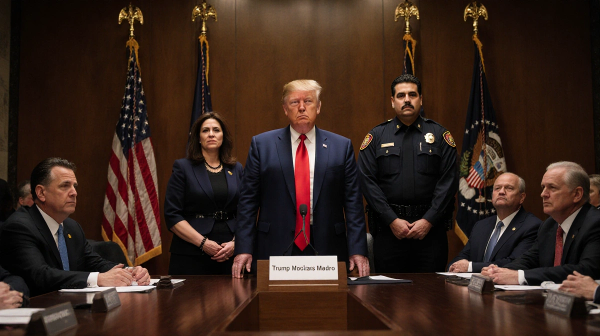Trump stands before congressional hearing room with marshals holding handcuffed Maduro and wife with flags in background.