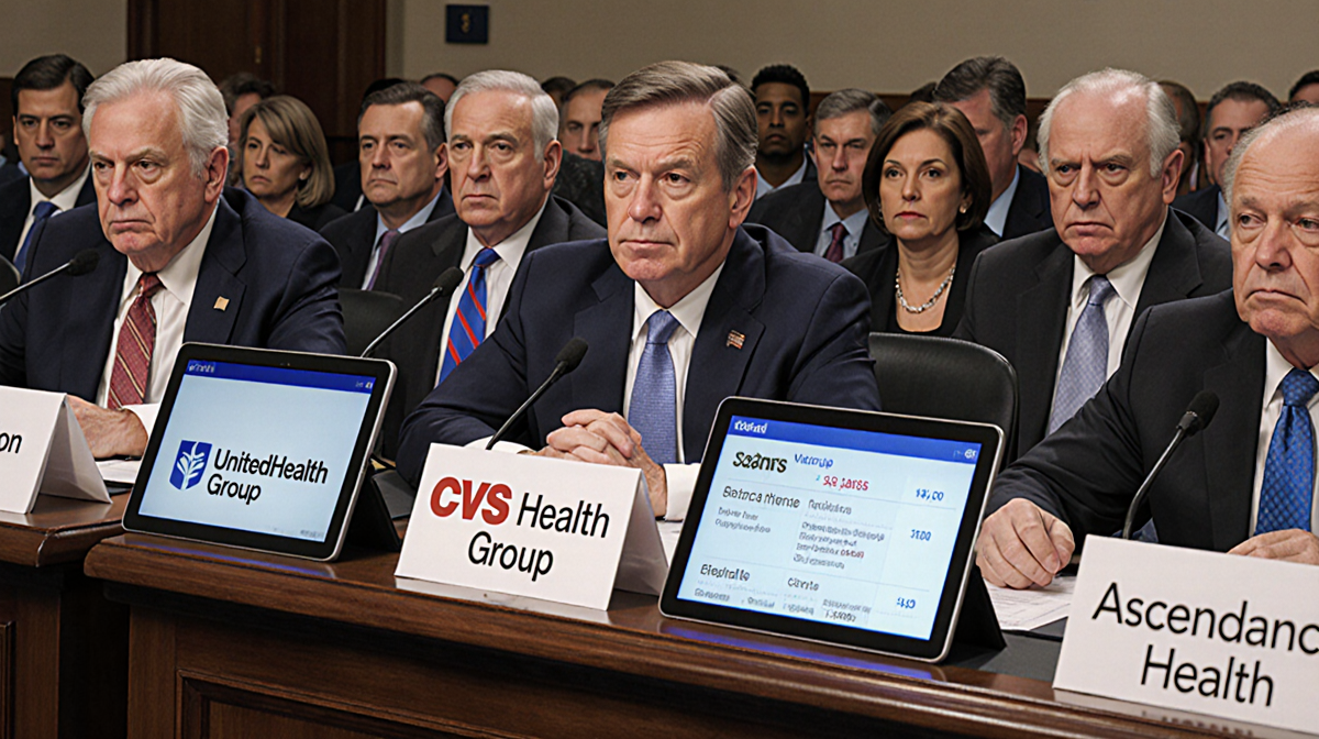 CEOs reviewing premium costs with lawmakers watching and healthcare logos displayed