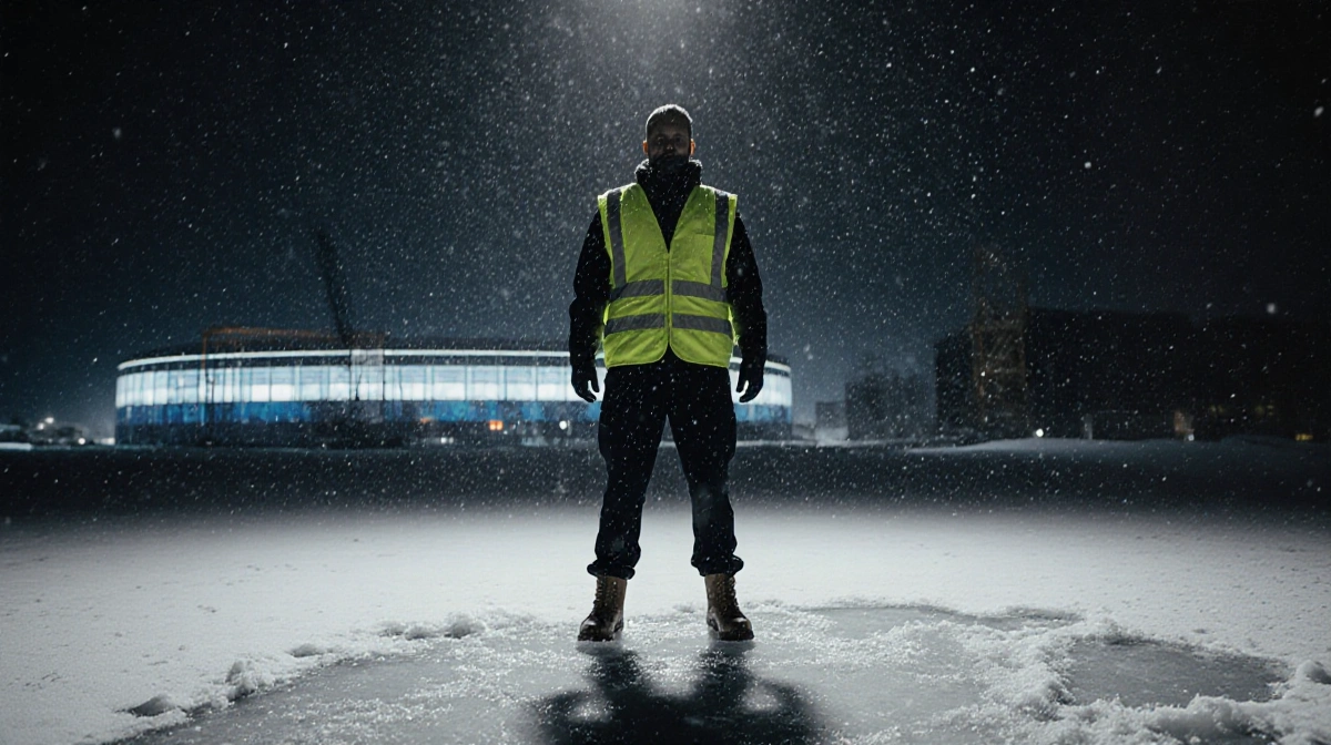 Security guard in yellow vest stands frozen at snow-covered construction site with ice arena looming in darkness