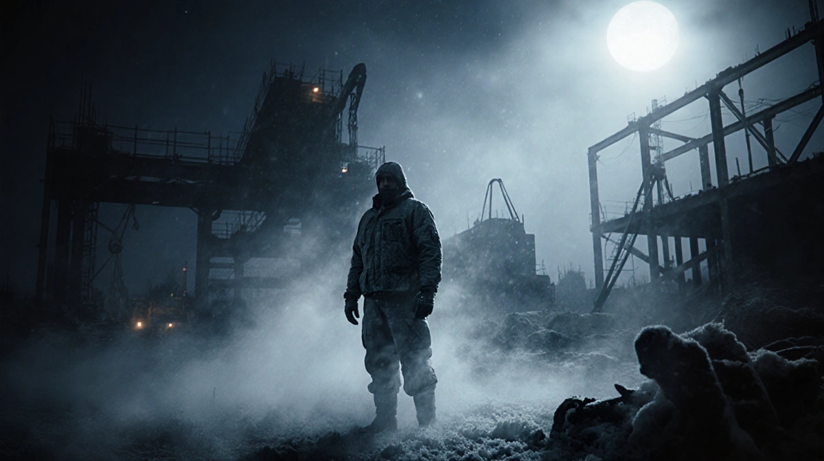 Lone security guard stands at frozen construction site with frosty mist swirling and moonlit machinery behind
