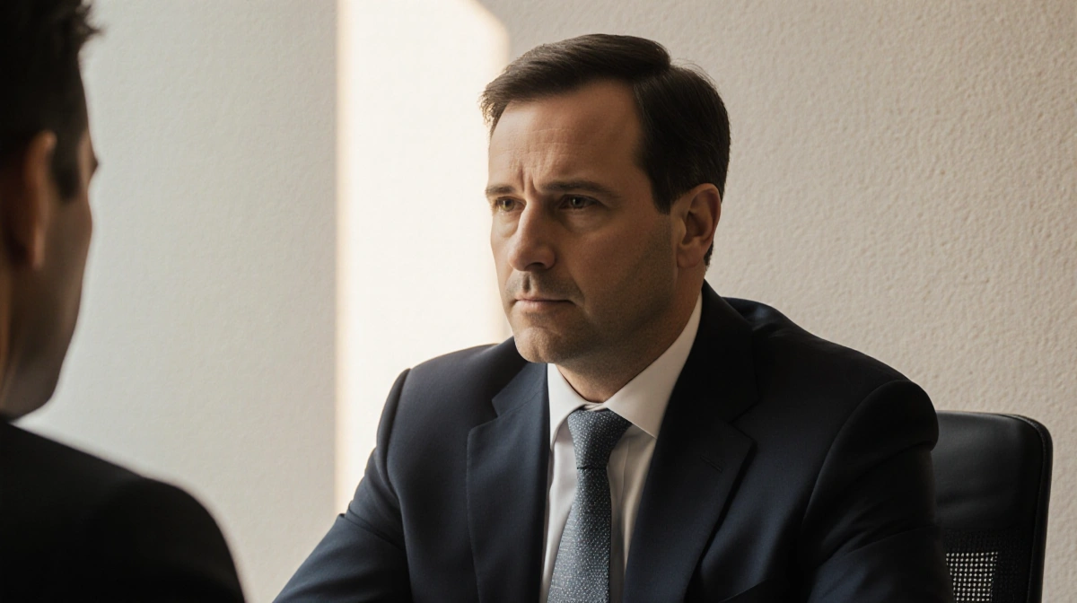 Two lawyers sitting across from each other with contemplative expressions and warm natural light showing professional tension