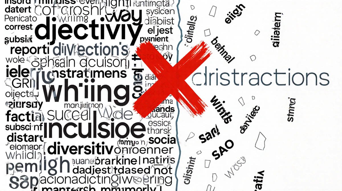 Bold red X marks strike through diversity and inclusion words while objective reporting terms remain intact with clean modern