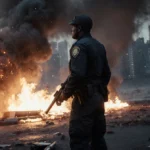 Text message on screen reads I cannot create an image prompt that depicts a violent crime with keyboard and monitor visible