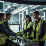 Engineers adjusting valve console with large data screen and blurred machinery background