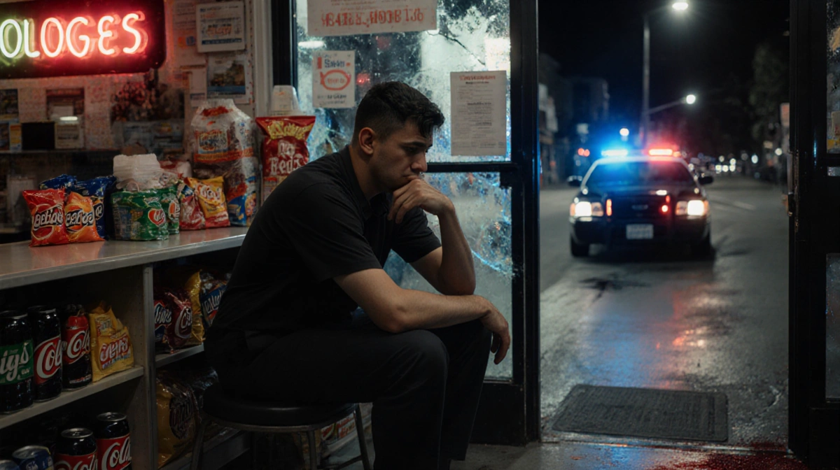 Shaken clerk holds injured hand at counter with shattered window and police lights glowing outside