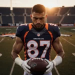 Cooper DeJean stands in Broncos uniform holding football with warm sunset lighting and field grid stretching behind
