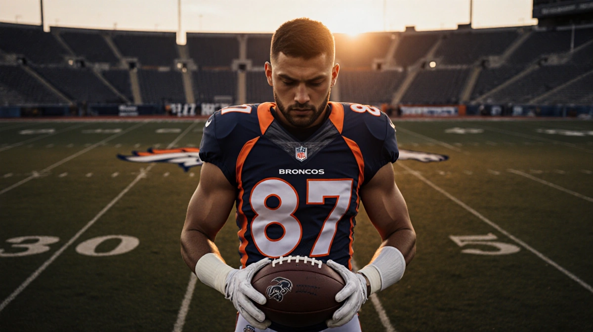 Cooper DeJean stands in Broncos uniform holding football with warm sunset lighting and field grid stretching behind