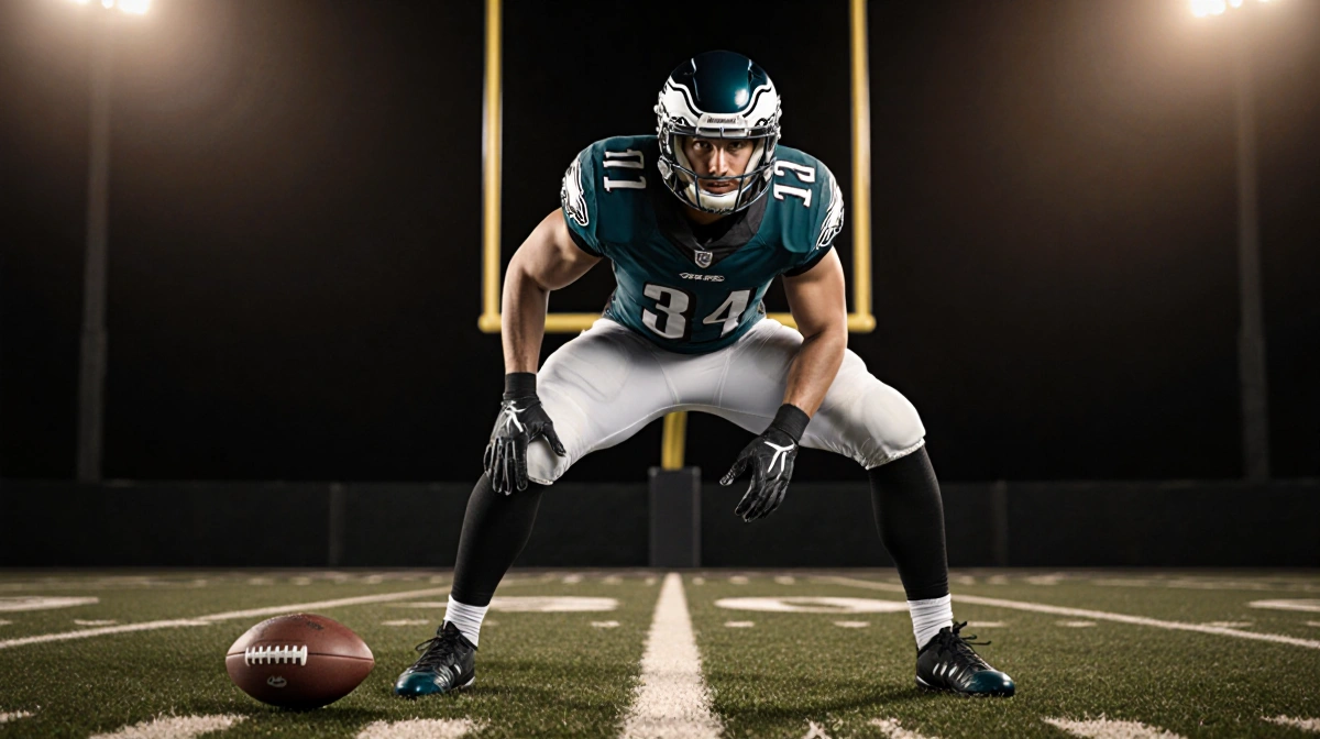 Cooper DeJean stands in two-point stance with hand on hip and football near Eagles jersey on field