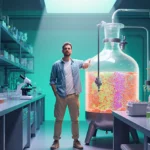 Startup founder stands proudly beside glowing fermentation tank filled with colorful microbial cultures showing sustainable c