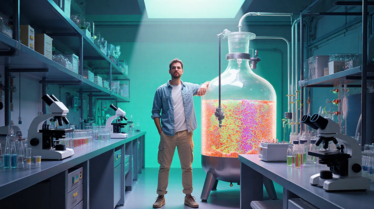 Startup founder stands proudly beside glowing fermentation tank filled with colorful microbial cultures showing sustainable c