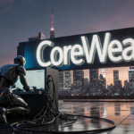 Humanoid figure hunched over a computer terminal with tangled cables against a neon-lit cityscape and a CoreWeave sign