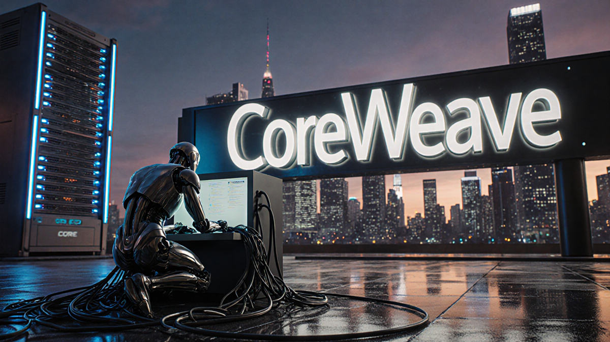 Humanoid figure hunched over a computer terminal with tangled cables against a neon-lit cityscape and a CoreWeave sign