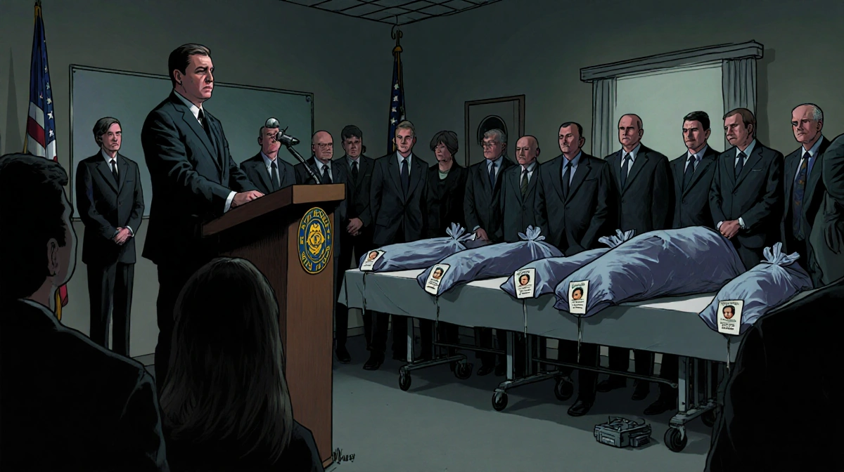 Coroner Daniel Buglio speaking at podium with body bags and forensic tools near table