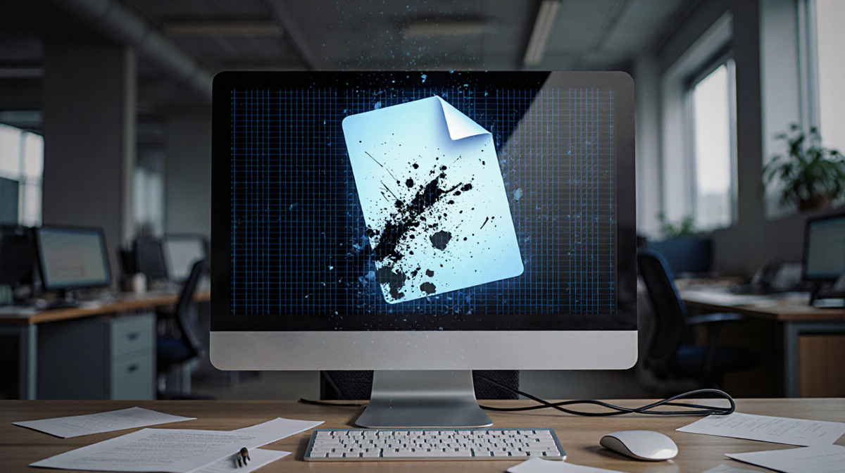 Computer screen shows corrupted file with menacing glow and blurred office background