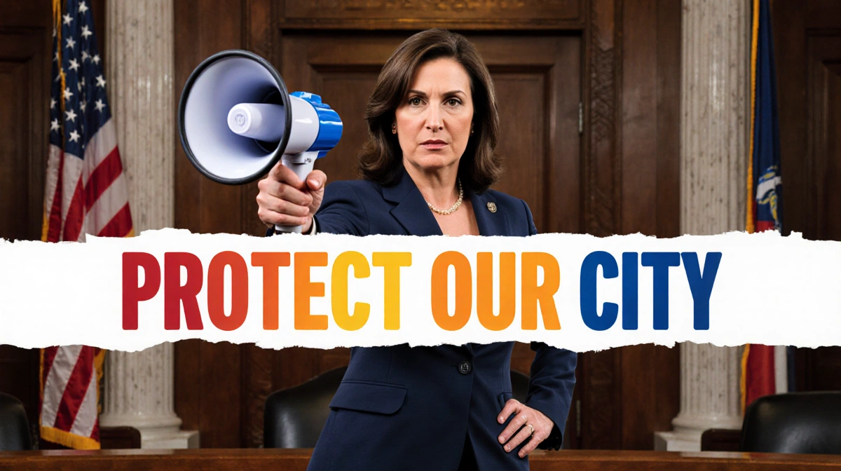 Councilmember Rue Landau pointing at viewer with megaphone and Protect Our City banner showing defiance against ICE